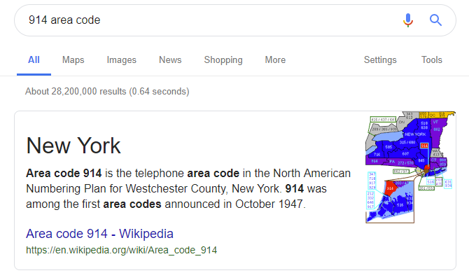 Searching for the area code of a phone number on Google.