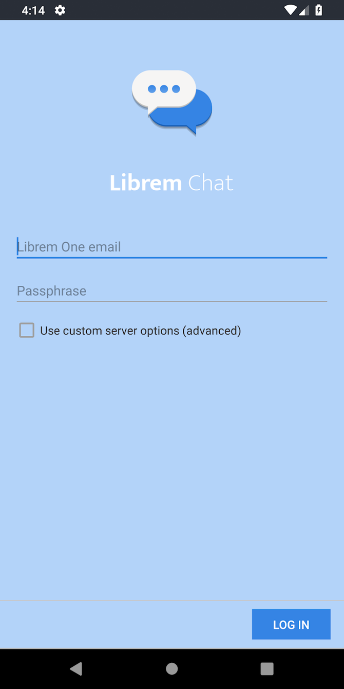The Librem Chat Android app login screen