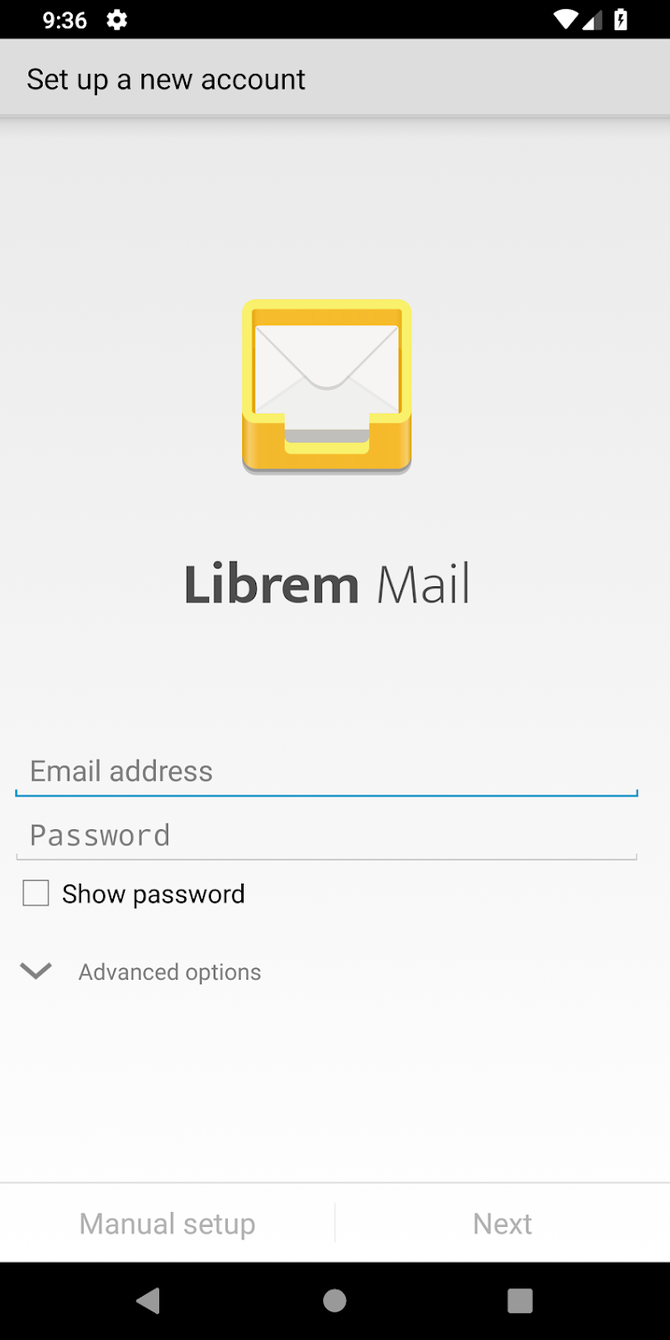 The login screen in the Librem Mail Android app