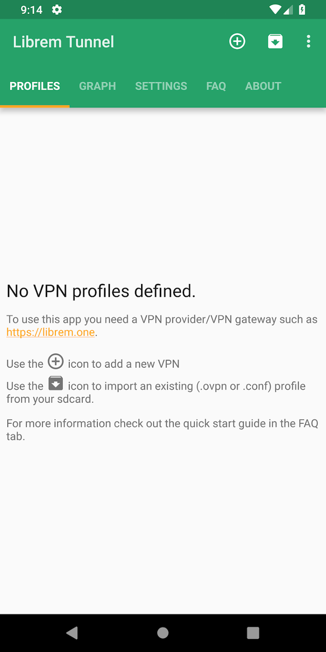 Librem Tunnel Android app displaying no VPN profiles