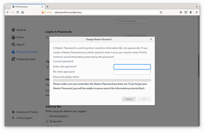 Creating a master password in Firefox on Fedora Linux