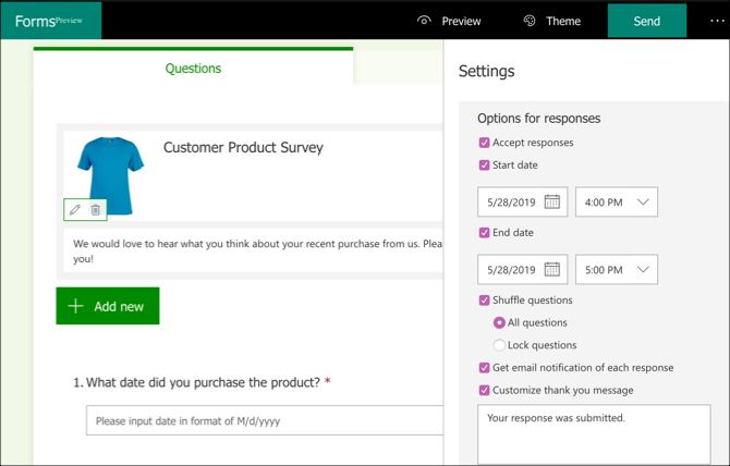 Microsoft Forms survey settings completed