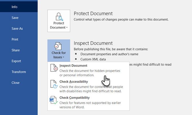 Check for issues with the Inspect Document feature in Microsoft Word