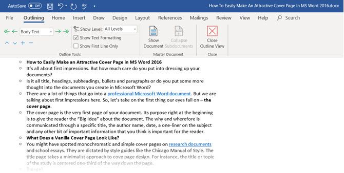 The Outlining toolbar in Microsoft Word