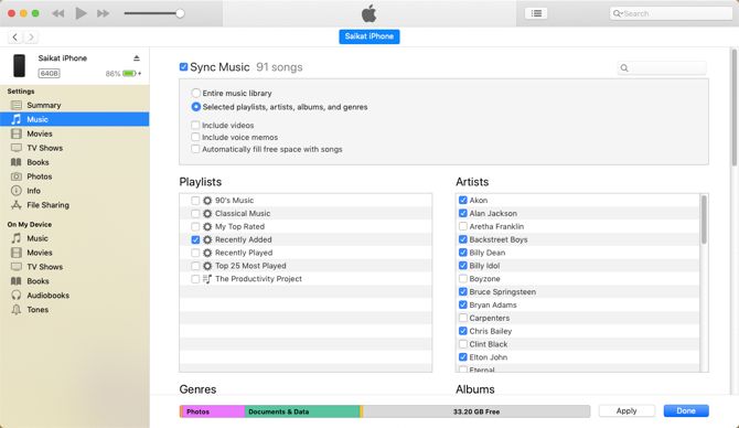 Syncing specific music with iTunes