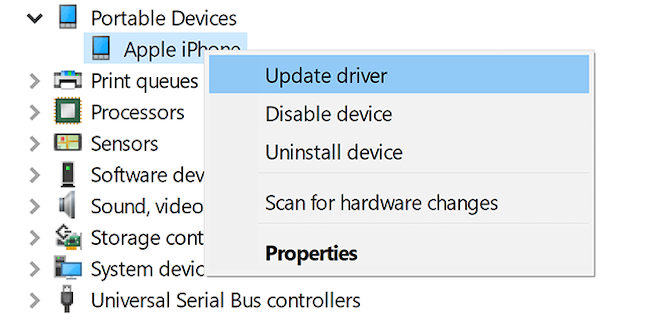 The Update Driver option in the Windows driver settings