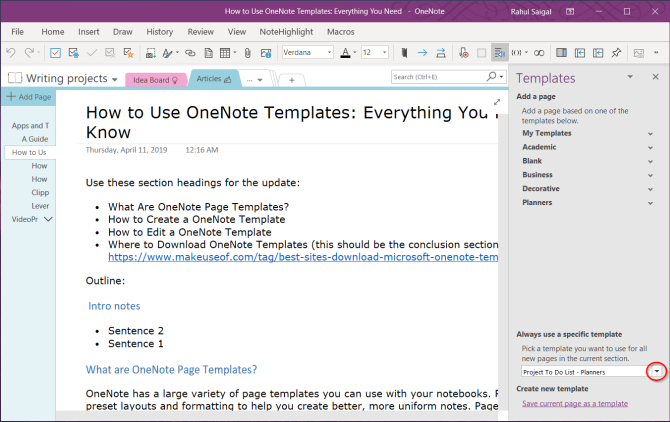 always use a specific template option in OneNote