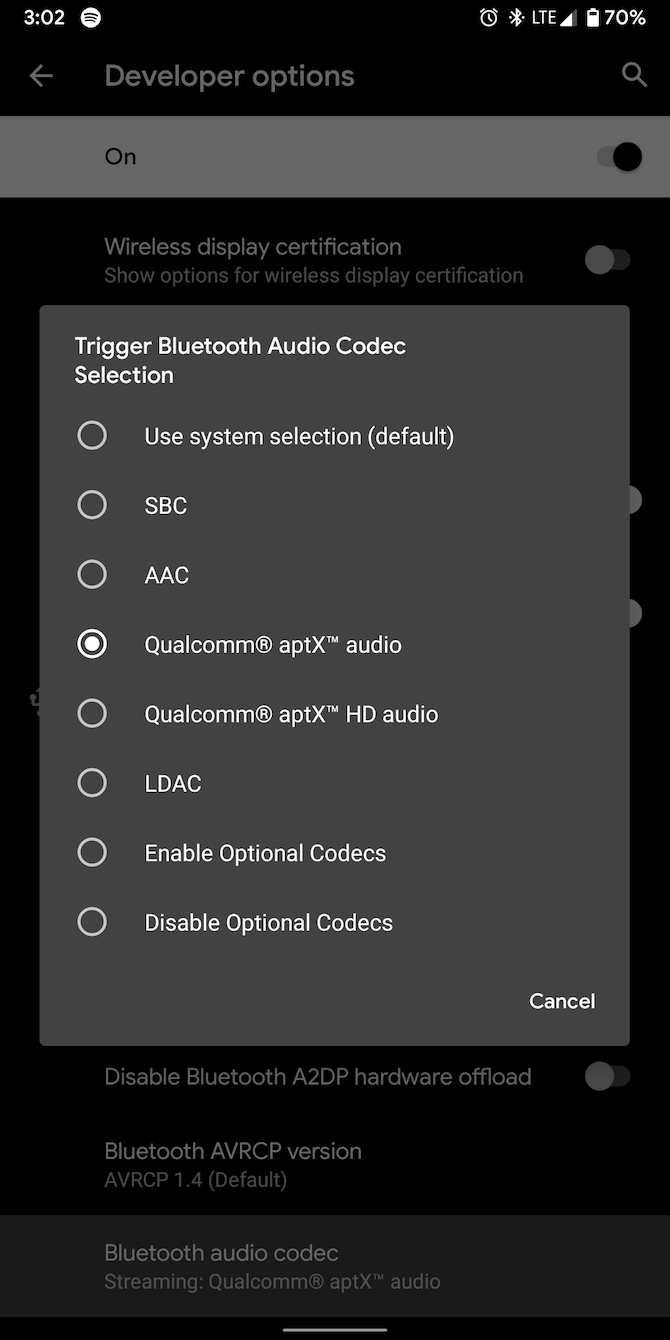 Change Bluetooth audio codec on Android