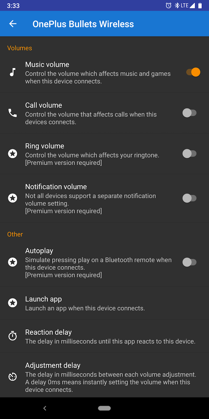 Bluetooth Volume Control Android app settings