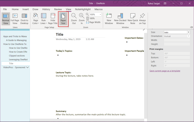 change the paper size and margins in OneNote