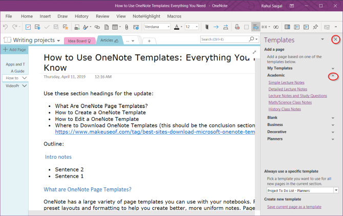 choose a template from the pane in OneNote