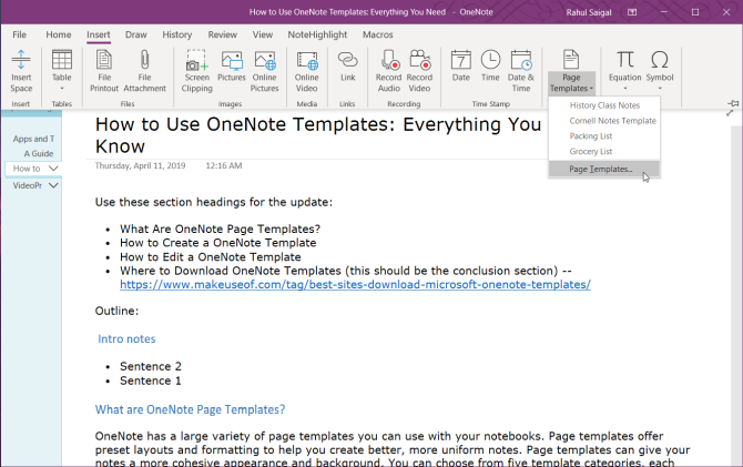 choose the page template command in OneNote