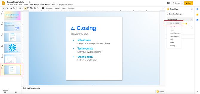 Create Transitions in Google Slides Remove Transition