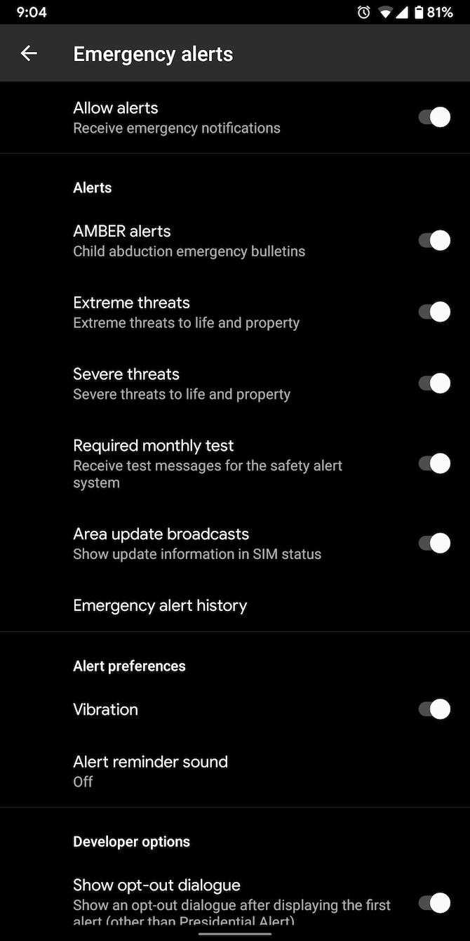 Emergency alerts options Android