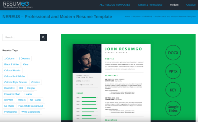 ResumGo has thousands of free resume and CV templates to download