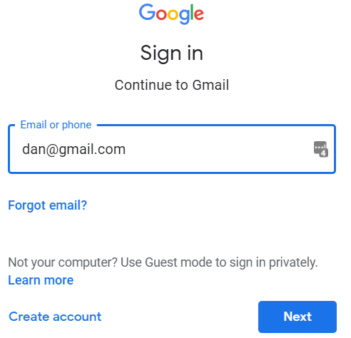 gmail login screen