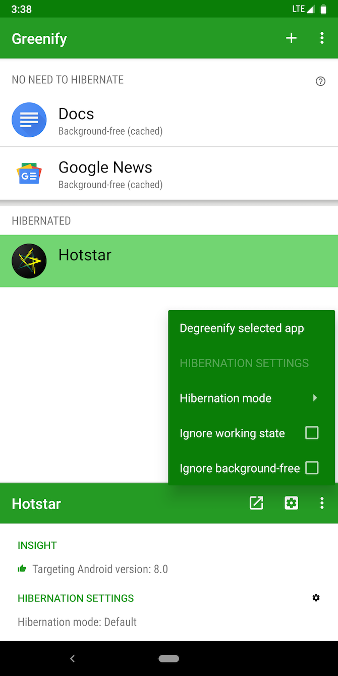 Greenify Android app options