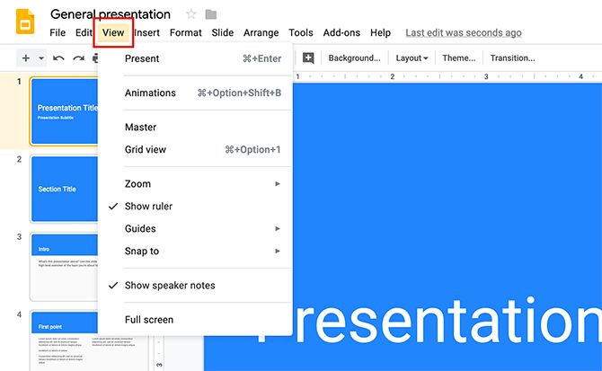 How to Create a Presentation Google Slides View Menu