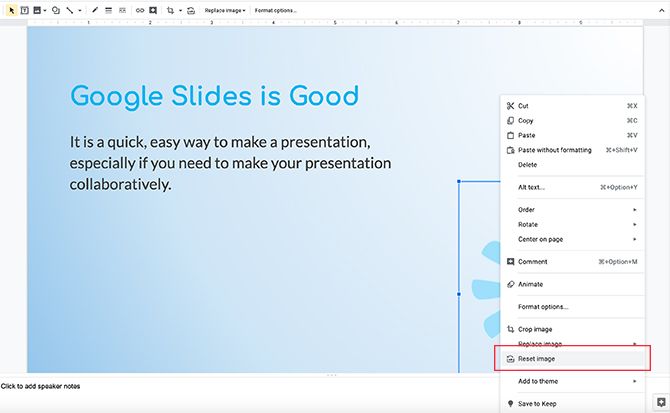 Image Editing in Google Slides Reset Image