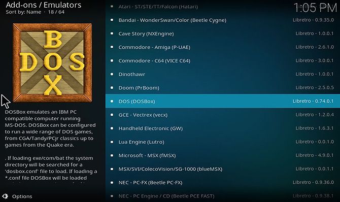 Play retro games on Kodi - emulator menu