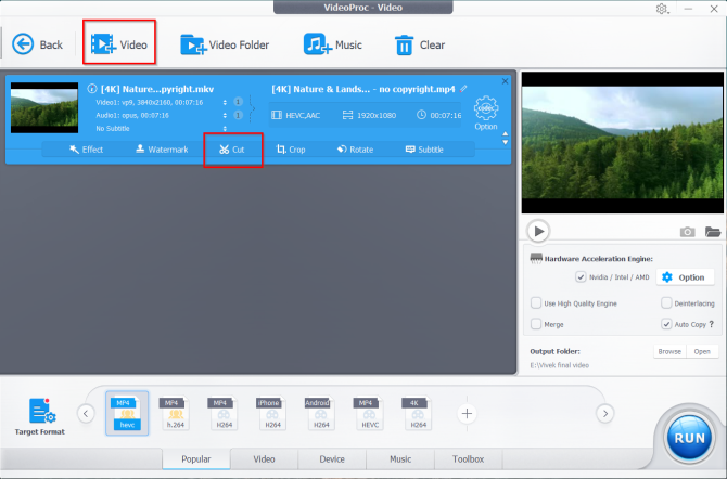 Import your video file and choose cut from the toolbar