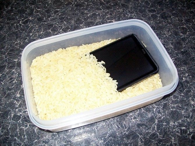Submerge a wet phone or tablet in rice to save it from water damage