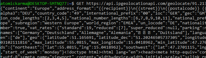 Raw data from the IP Geolocation API