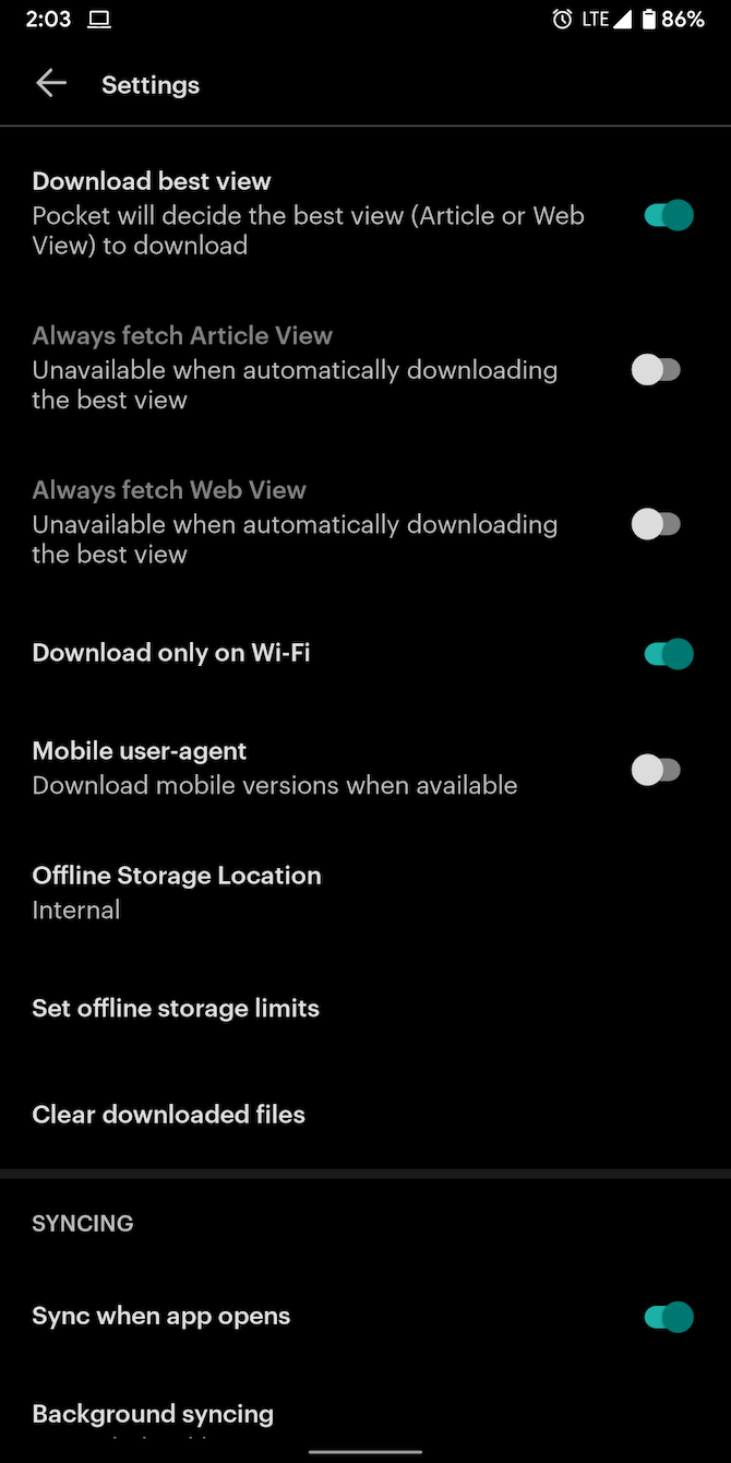 Pocket download settings