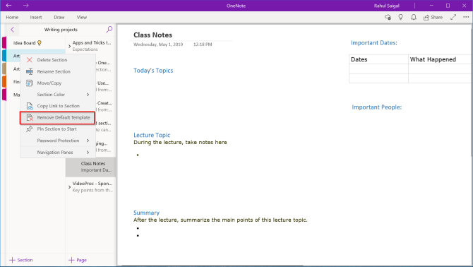 remove default template for the section in OneNote app