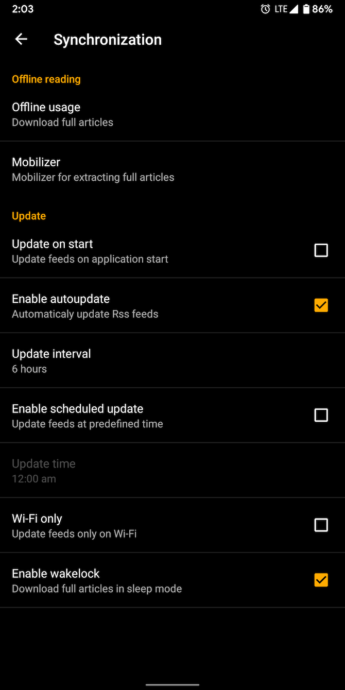 RSS Reader Android app sync settings