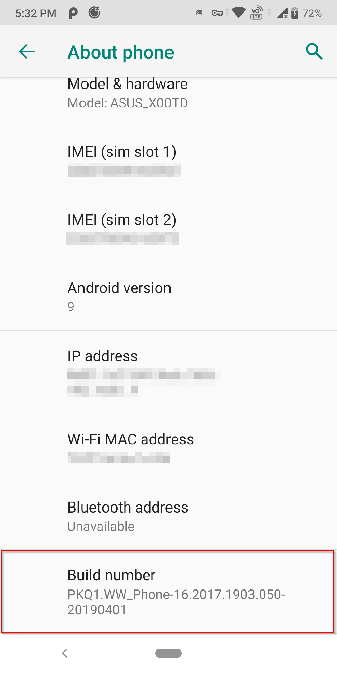 Android build number tap