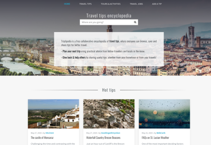 Triptipedia, an alternative to wikitravel and wikivoyage, has user contributed travel tips and guides