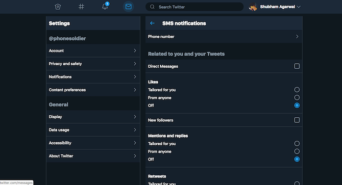 Enable SMS notifications on Twitter