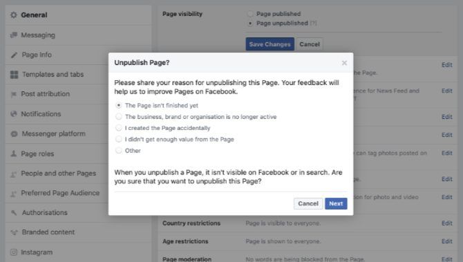 Unpublish Your Facebook Page
