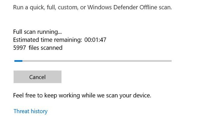 Windows Defender Antivirus scan