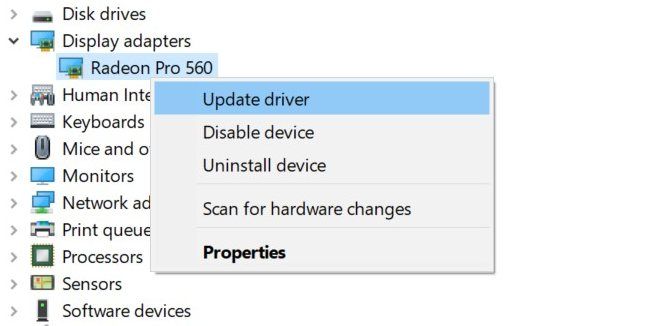 Updating video driver in Windows 10