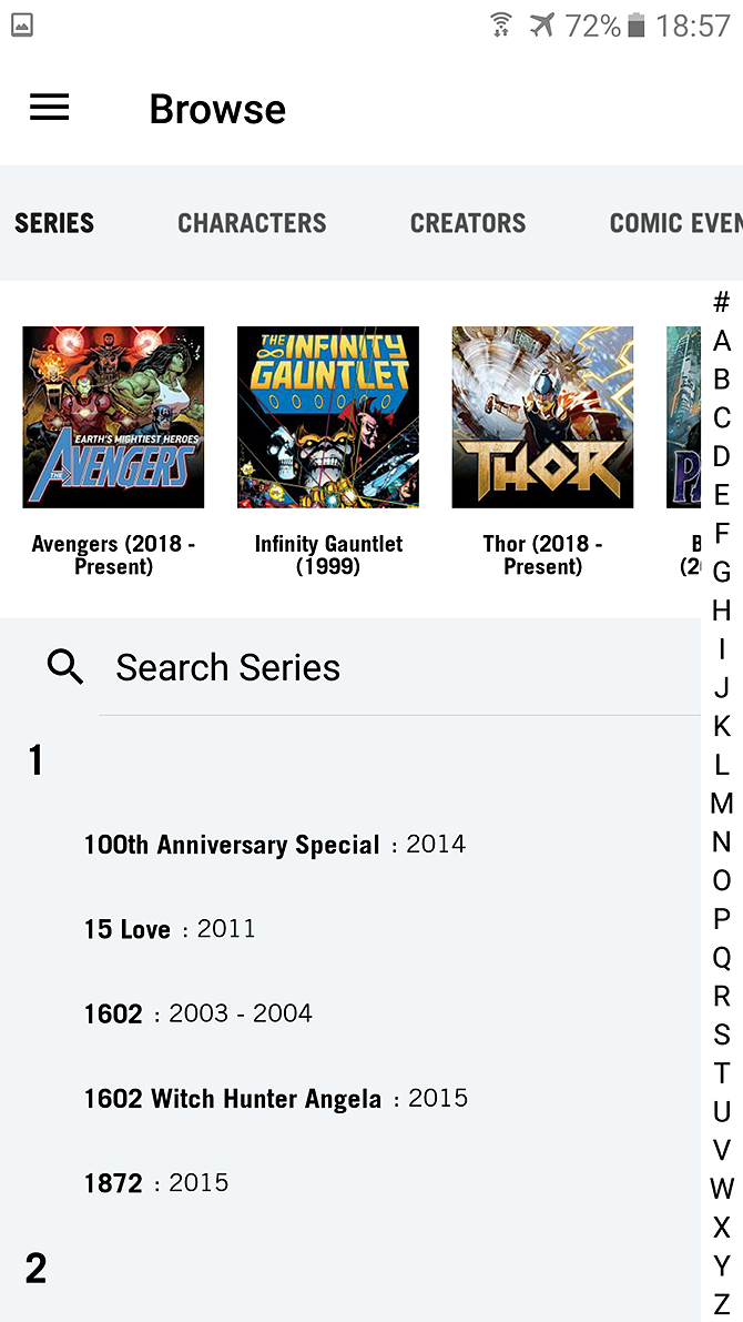 Android comics readers - Marvel Unlimited browse