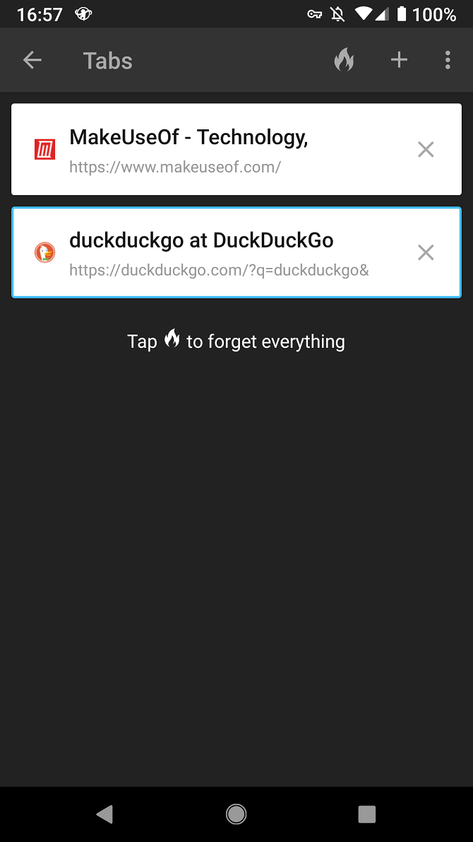 Screenshot of the DuckDuckGo Mobile App Tab Selector