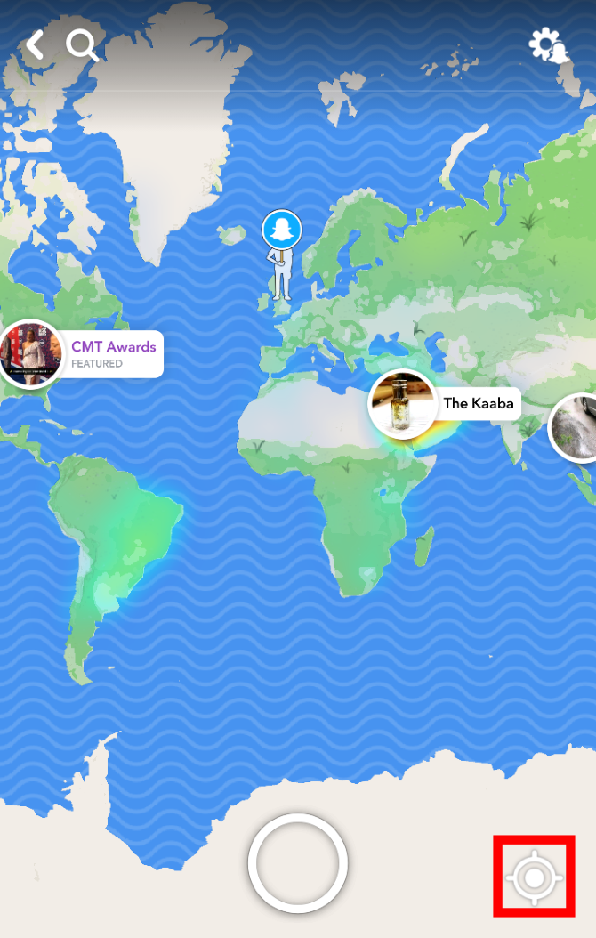 The world map in Snapchat Map, with GPS highlighted