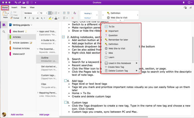 add a tag to OneNote from tag gallery
