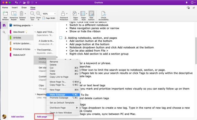 onenote for mac change view