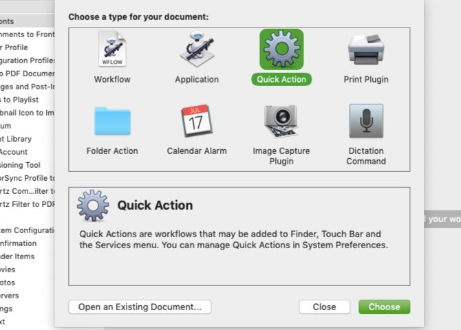 Choose document type dialog box in Automator
