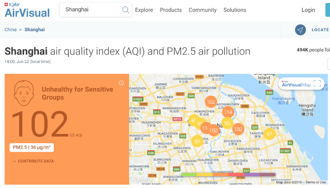 AirVisual shows the air quality index in any city as well as particular parts of the city