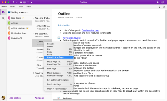 copy link to OneNote page
