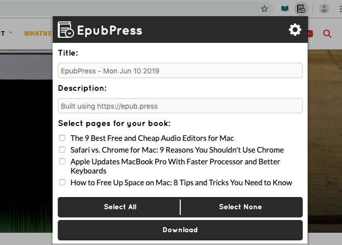 EpubPress toolbar panel in Chrome