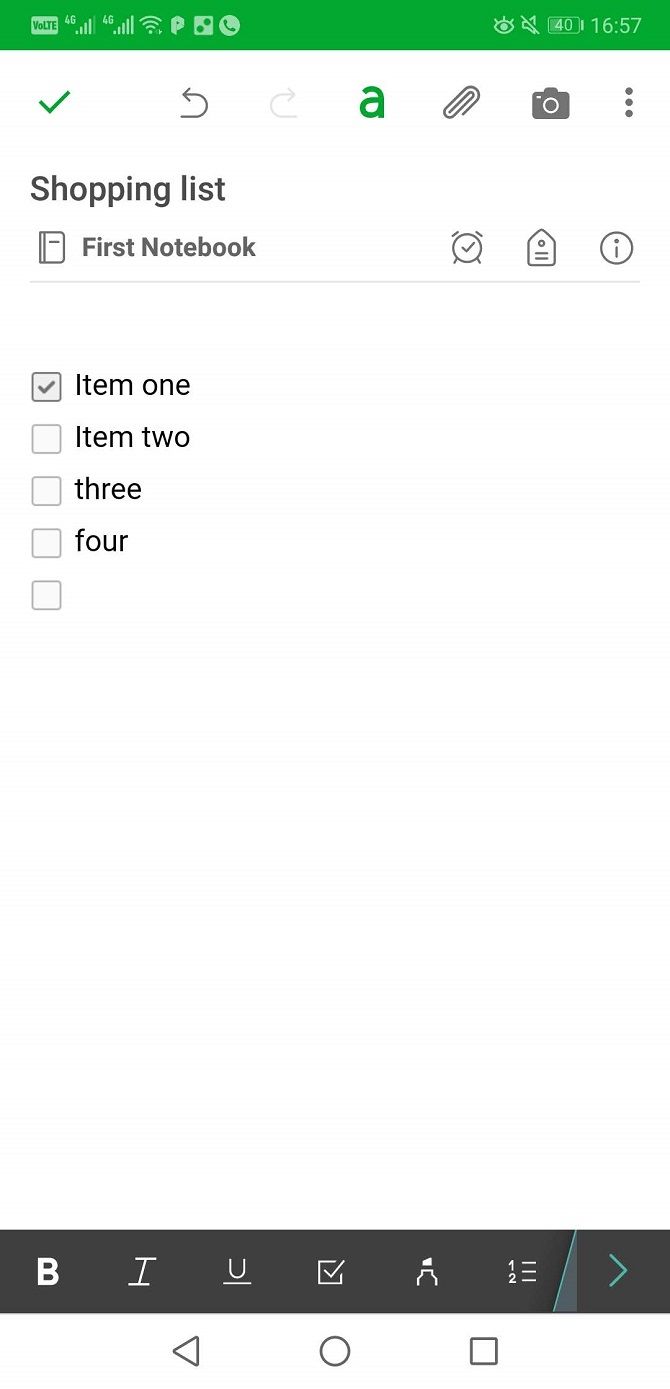 evernote app checklist and note options