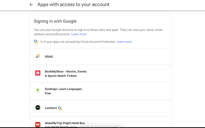 Google third-party account access settings