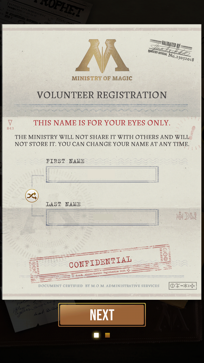 harry potter wizards unite register name