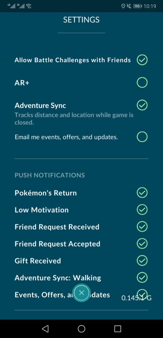 pokemon go app settings menu adventure sync