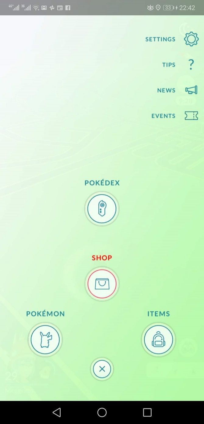 pokemon go main menu with settings